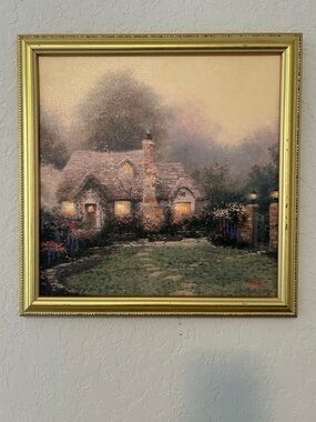 Thomas Kinkade Cottage Painting in Gold, Green and Cream Tones